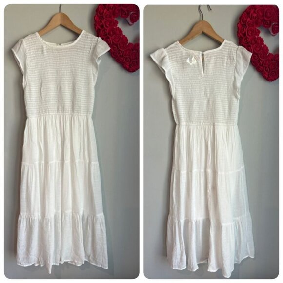 August Sky Dresses & Skirts - August Sky Womens Smocked Ruffle Sleeve Tiered Midi Summer Dress SMALL White